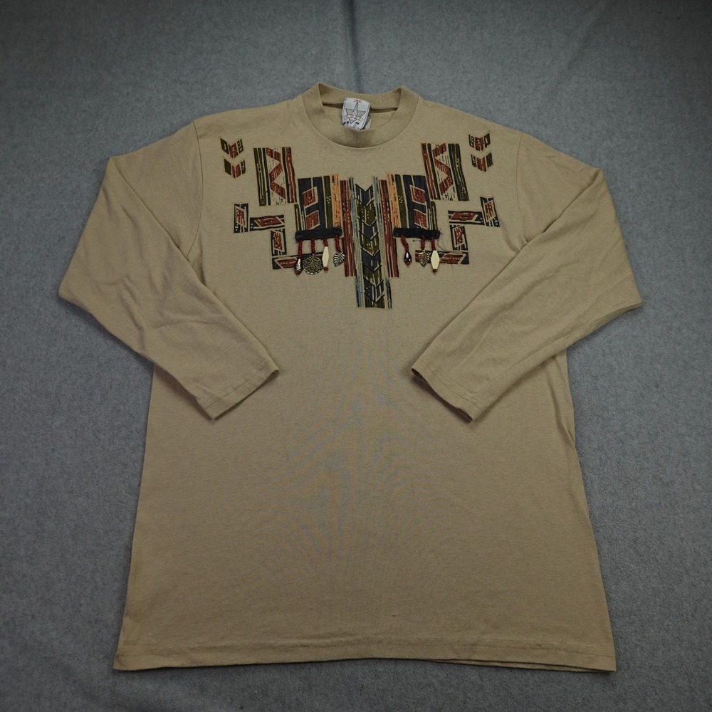 Vintage KWBL T Shirt Womens XL One‎ Size Tan Southwestern Beaded Long Sleeve USA